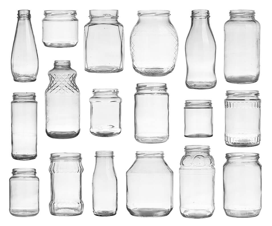 Assorted glass bottles and jars.